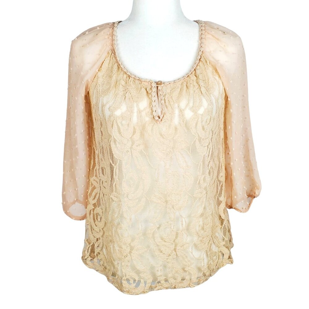 John Paul Richard Sheer Lace Clipdot Blouse Light Peach Women's Small Feminine